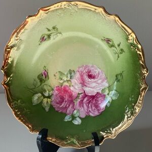 Vintage 9.5” Green and Pink Floral Decorative Bowl with Gold Trim